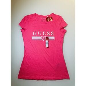 GUESS Los Angeles T-shirt Pink Metallic Silver Logo  Graphic Size M - NEW